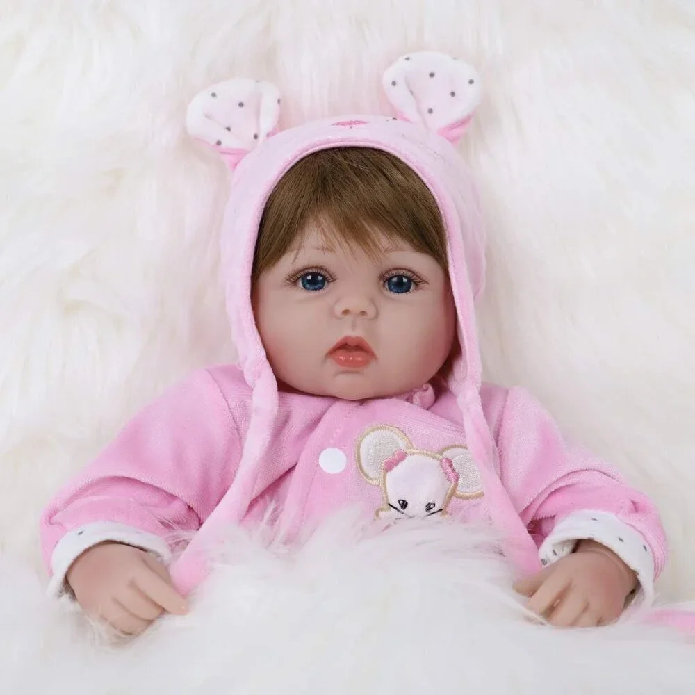 🆕16nch Soft Cloth Body Newborn Baby Doll Poseable Limbs Pink Mouse Doll Girl